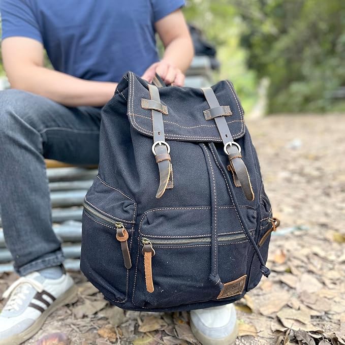 AUGUR High Capacity Canvas Vintage Backpack - for School Travel 12-15.6" Laptop Backapcks for Men Casual Daypacks Rucksack (L-Black)