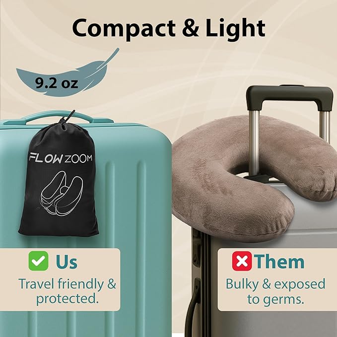 Air Inflatable Neck Pillow for Traveling on Plane - H-Shape Hooded Travel Pillow with 5 Snooze Modes, Fast Inflation, Pressure Control, Cozy Clip-On Hood & Plushy Cover - Size L, Silver Gray
