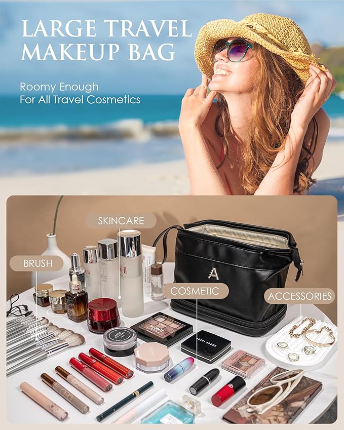 Gifts for Her, Initial Large Makeup Bags, Personalized Double Layer Cosmetic Bag with Makeup Brush Organizer, Waterproof, PU Leather Travel Toiletry Bag Wedding Gifts, Bridesmaid Gifts