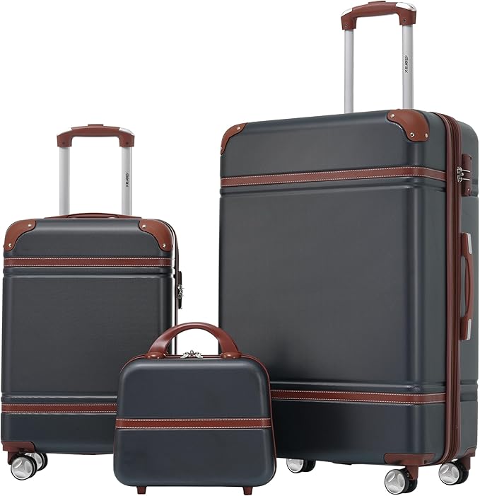 Merax Luggage Set 2 Piece Suitcase Set with Cosmetic Case Expandable Spinner Wheels Vintage Luggage Sets(Black,20"+28")