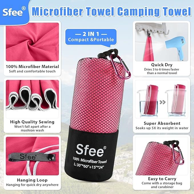 Sfee 2 Pack Microfiber Travel Towel, Quick Dry Towel Camping Towel Large Beach Towel Super Absorbent Compact Lightweight Sports Towel Gym Towel Set for Beach, Gym, Hiking, Pool, Backpacking,Bath,Yoga