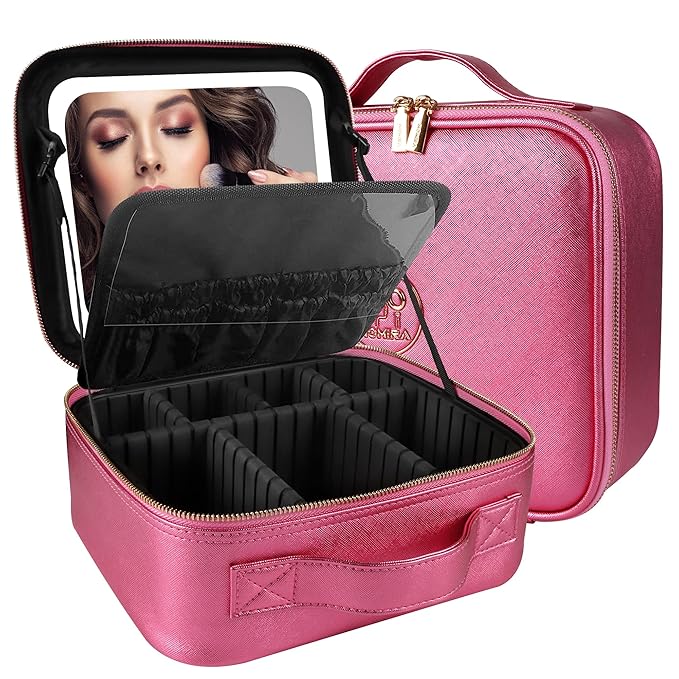 MOMIRA Travel Makeup Bag Cosmetic Bag Makeup Organizer Bag with Lighted Mirror, Adjustable Brightness in 3 Color Scenarios, Waterproof Makeup Train Case, Gift for Women - Brilliant Rose