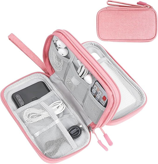 FYY Electronic Organizer, Travel Bag, Pouch, Carry Case Portable Waterproof Double Layers for Cable, Cord, Charger, Phone, Earphone Pink