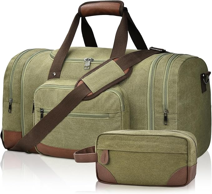 Litvyak Duffle Bag for Travel, Canvas Travel Duffel Bags Overnight Weekend Gym Carry On Luggage Bag for Men & Women (Army Green+Toiletry Bag, 50L)