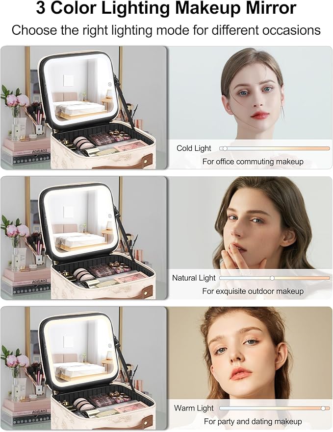 Chomeiu Makeup Bag with LED Mirror, Cute Cosmetic Bags Birthday Gifts for Girls Women, Makeup Train Case Artists Organizer Large Make Up Bags with Light Up Mirror 3 Color Lights, Beige