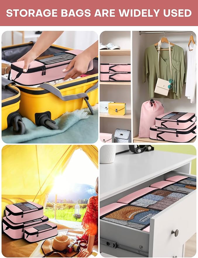 6 PCS Set Compression Packing Cubes for Travel, Lightweight Packing Organizer Bags Travel Essentials for Carry On, Suitcase, Home Closet - Pink