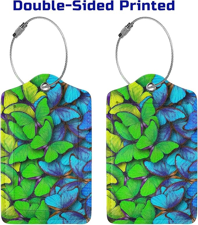 2Pcs Green Blue Butterfly Luggage Tags for Suitcases for Women Girls, Pretty Leather Suitcases Tag with Stainless Steel Loop Privacy Cover ID Label Travel Bag Tags Luggage Identifiers for Kids Adults
