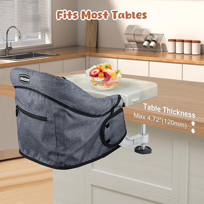 Hook On High Chair, Jozzve Clip on High Chair with Removable Dining Tray for Babies and Toddlers, Fold-Flat Storage Portable Baby Feeding Seat, Attach to Fast Table Chair for Home Travel (Grey)