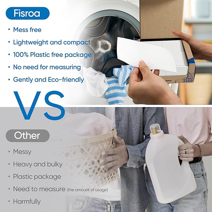 Fragrance Free Laundry Detergent Sheets Travel Eco-friendly 300 Loads Fisroa Clothes Washing Detergent Sheets Plastic-Free Washer Strips, Unscented Liquidless Laundry Strips Tablet