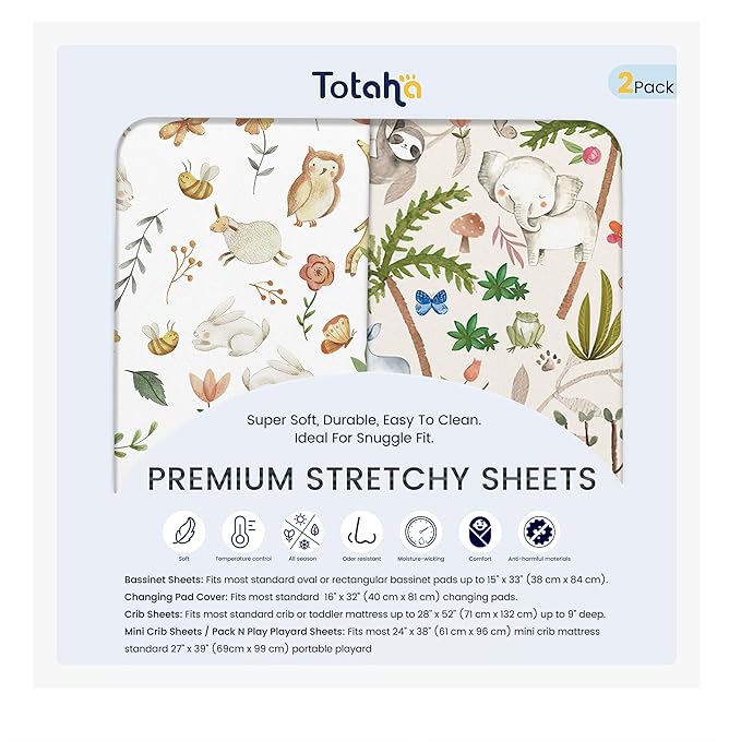 TotAha Premium Soft Graco Pack n Play Sheets Fitted, Super Stretchy Jersey Knit Mini Crib Sheets Fitted, Silky Comfort Pack and Play Mattress Sheets, 2 Pack (Happy Zoo & Jungle)