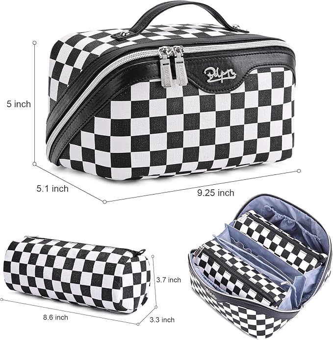 BOYATU Travel Makeup Bag Cosmetic Bags for Women: Large Make up Bags Set of 3 - Portable Makeup Organizer with Compartments&Handle&Divider - Waterproof PU Leather Toiletry Bag(Checkered Mix Black)