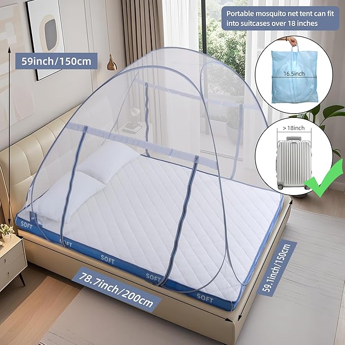 lazyzzz Pop-Up Mosquito Net Tent for Bed,Portable Folding Design Outdoor Camping Tent with Net Bottom for Baby Adults, Easy to Install and Wash for Queen Size Bed 79 x 59 x 59 inch