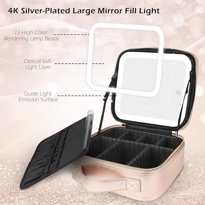 MOMIRA Travel Cosmetic Train Case with Lighted Mirror 3 Color Scenarios Cosmetic Bag Organizer with Adjustable Dividers Makeup Storage for Women, Makeup Accessories & Tools Case Champagne