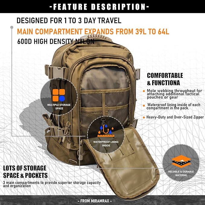 Tactical Backpack Military Backpacks for Men Army Expandable 3 Day Assault Pack Molle Backpacks Bug Out Bag for Camping Hiking Rucksack Fishing