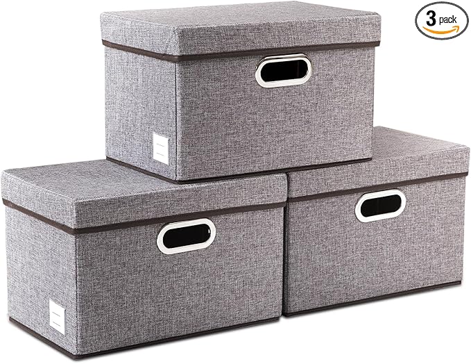 PRANDOM Foldable Storage Boxes with Lids [3-Pack] Linen Fabric Collapsible Storage Bins Organizer Containers Baskets Cube with Cover for Home Bedroom Closet Office Nursery (14.9x9.8x9.8)