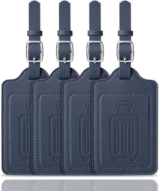 Teskyer Luggage Tags for Suitcases, TSA Approved with Privacy Protection Cover, Premium Faux Leather Bag Tags for Travel - 4 Pack, Blue