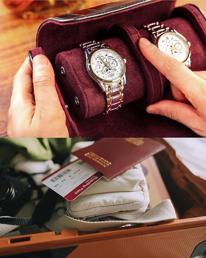 MR.OKAY 2 Watch Travel Case- Classic Leather Watch Case With Superb Texture.(Portable Watch Roll Or Organizer For Storage And Display).Festival Gift For Men, All Handcrafted By Artisans.