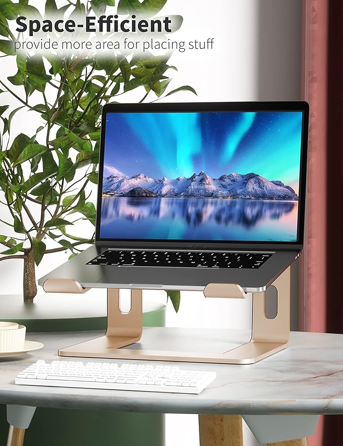 SOUNDANCE Laptop Stand, Aluminum Computer Riser, Ergonomic Laptops Elevator for Desk, Metal Holder Compatible with 10 to 15.6 Inches Notebook Computer, Gold