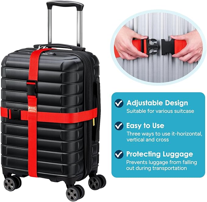 Travel Inspira Luggage Straps for Suitcases, Adjustable Suitcase Strap, TSA Approved Luggage Straps - Secure Your Luggage Safely During Travel Red (4 Pack)