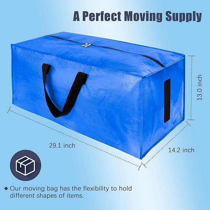 8 Pack Large Strong Moving Bags with Zippers & Carrying Handles - Water-Resistant - Heavy Duty Storage Tote for Space Saving, Fold Flat, Alternative to Moving Box (Sky Blue)