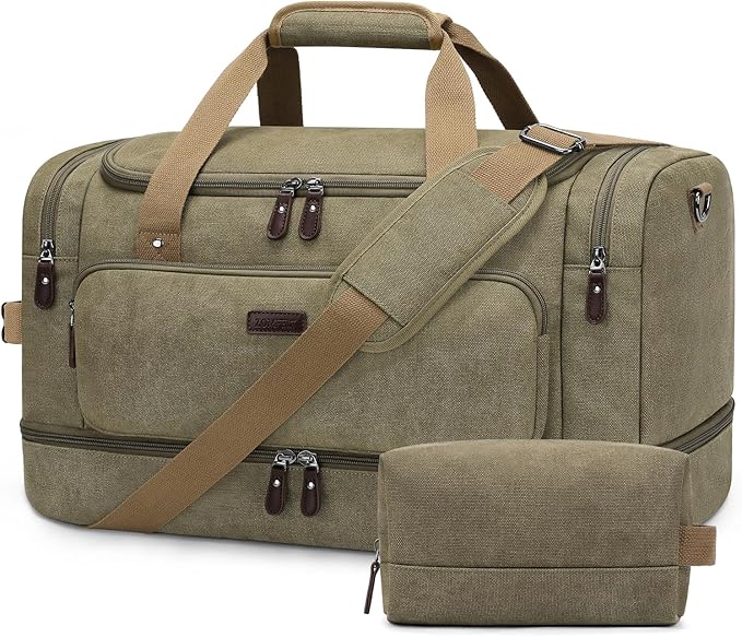 ZOMFELT Duffle Bag for travel, 40L Canvas Travel Duffel Bags for Men Women, Water Resistant Overnight Weekender Bag with Toiletry Bag & Shoe Compartment, Carry on Luggage Bag for Travel, Gym, Green