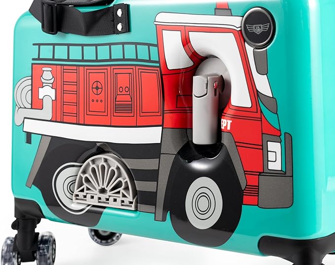 Younglingz LIL FLYER GO Version 2 Ride On Suitcase for Kids | Carry On Luggage with Toddler Seat, Foldable Handlebars, Pedals, and Removable Wheels | Holds up to 80 lbs | FIRETRUCK | Ages 2-6