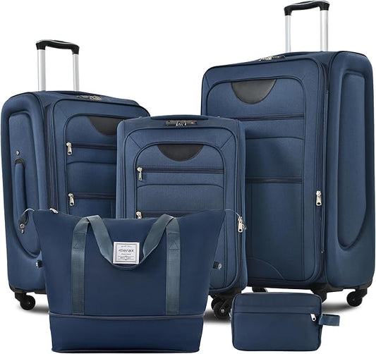 Merax Softside Luggage Set Softshell Lightweight 3 Piece Spinner Suitcase with Duffel Bag Expandable Upright Travel Luggage 22" 26" 30",Deep Blue