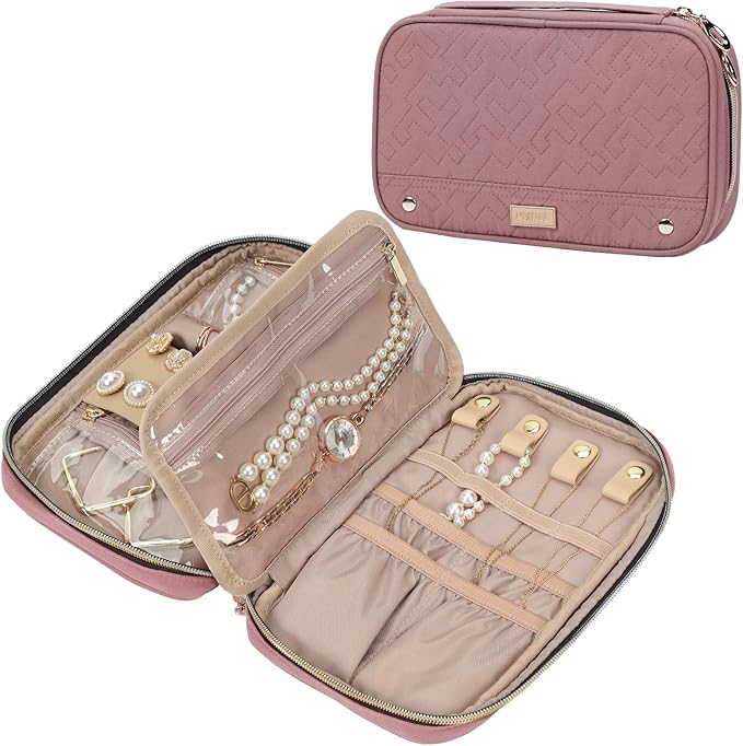 NISHEL Travel Jewelry Case, Holiday Organizer for Necklaces, Earrings, Rings, Bracelets, Watch, Rosewood-Pink