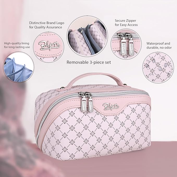 BOYATU Travel Makeup Bag Cosmetic Bags for Women: 3 Pcs Set Portable Make up Bag with Handle - Vegan Leather Toiletry Bags with Compartments - Makeup Organizer for Travel Essentials(01-Pink)