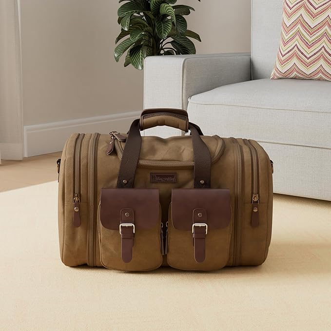 Wildroad 50L Travel Duffel Bag, Expandable Canvas Genuine Leather Duffle Bag Upgraded Overnight Weekender Carry on Bag