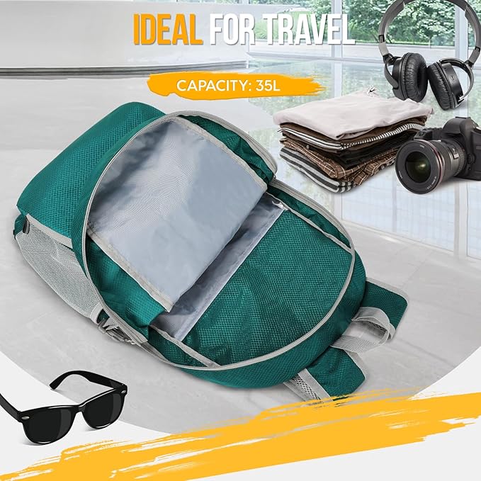 ZOMAKE Lightweight Packable Backpack 35L, Light Foldable Backpacks Water Resistant Collapsible Hiking Bag, Compact Folding Day Pack for Travel Camping(Lake Green)