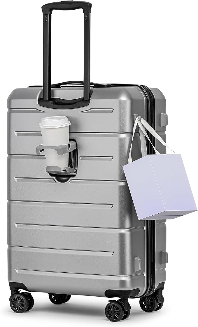KYME Suitcases with Wheels Hardshell 26 Inch Luggage with TSA Lock Durable Medium Checked Travel Rolling Luggage with Cup Holder for Women Men Silver Grey