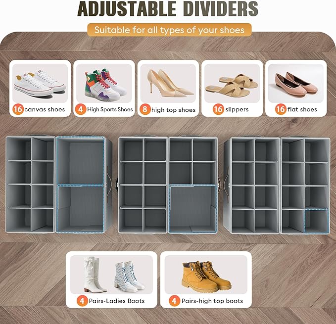 Budding Joy 2 Pack Shoe Organizer for Closet, Clear Foldable Shoe Storage Containers Adjustable Dividers Fits 16 Pairs,Shoe Storage Bins Baskets Boxes with Reinforced Handles Light grey