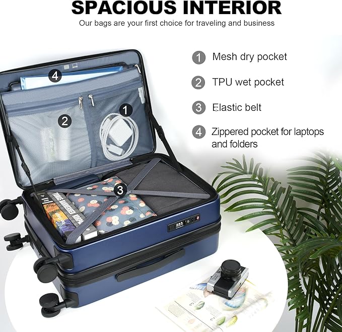 KROSER Carry On Luggage with Spinner Wheels & Built-in TSA Lock, Expandable Top Loading Hard Shell Suitcase Large Capacity Durable Rolling Luggage with USB Port, Carry-On 20-Inch, Navy