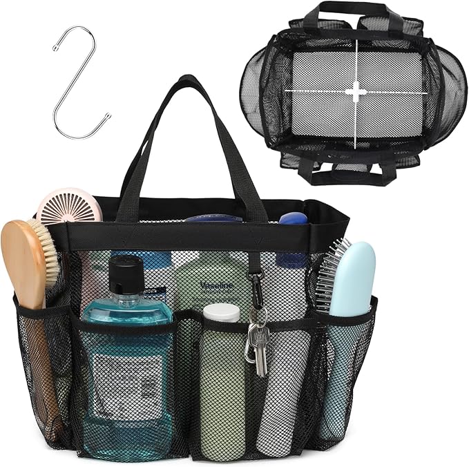F-color Mesh Shower Caddy Portable with Dividers - Upgrade Deeper 7 Pockets Dorm Room Essentials with S Hook, Shower Bag Basket Tote for Guys Girls College Camping Toiletry Bathroom, Black