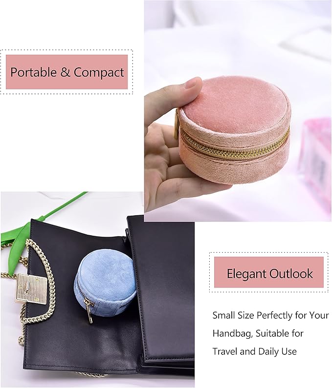 TAIMY Travel Jewelry Box, Mini Round Velvet Travel Jewelry Case for Women Girls, Portable Small Jewelry Travel Organizer Boxes for Rings Earrings Necklaces Bracelets(Blush Peach)