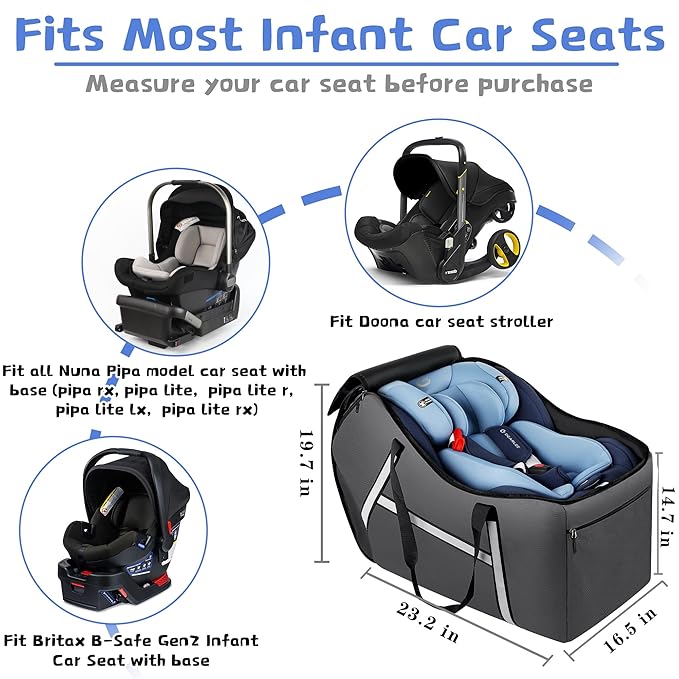 Infant Car Seat Travel Bag for Airplane Compatible with All Nuna Pipa Car Seat and Base,Chicco KeyFit 30 and Base, Padded Car Seat Bags for Air Travel,Car Seat Gate Check Bag with Side Pocket, Gray
