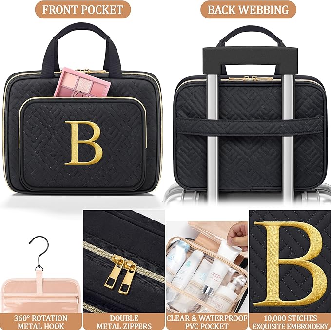 Personalized Gifts for Women, Initial Toiletry Bag Hanging Travel Organizer & Makeup Cosmetic Bag with Embroidery Letter Teacher Appreciation Gift Birthday Mothers Day Gifts for Mom Wife Friend Sister