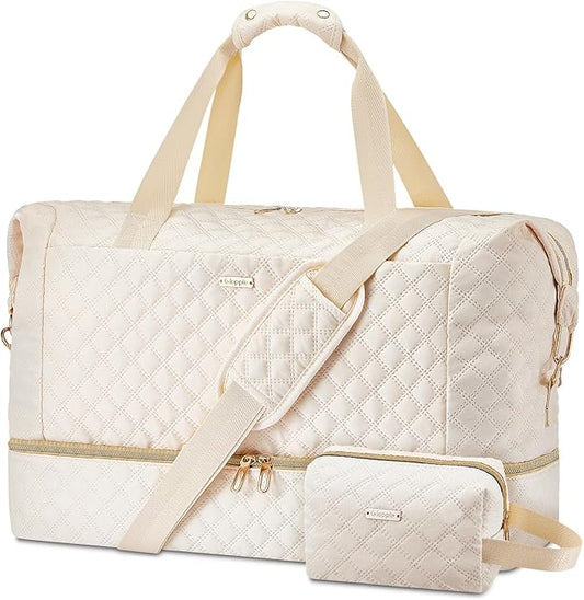 Gloppie Weekender Bags for Women with Shoe Compartment, 39L Large Travel Duffel Bag, Carry On Overnight Gym Bags with Wet Pocket, Hospital Bag for Women Labor Delivery, 2 Pcs Set, Beige