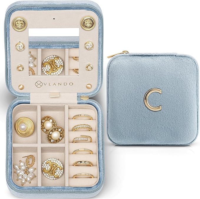 Vlando Travel Essentials for Women Jewelry Box, Travel Accessories for Teen Girl Trendy Stuff, Necklace Organizer Earrings Ring Organizer, Travel Must Have Jewelry Organizer - Letter C, Blue