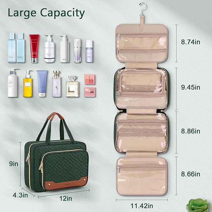 Wedama Toiletry Bag for Women, Hanging Travel Toiletry Bag with Jewelry Organizer Compartment Large Makeup Bag, PVC Waterproof Cosmetic Travel Bag Trips Camping Bathroom, Dark Green