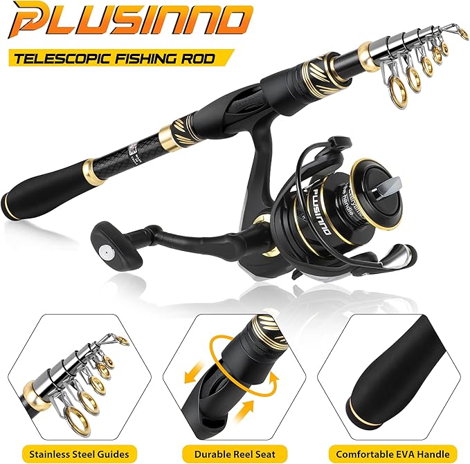 PLUSINNO Fishing Pole, Fishing Rod and Reel Combo,Telescopic Fishing Rod Kit with Spinning Reel, Collapsible Portable Fishing Pole with Carrier Bag for Freshwater Saltwater Fishing Gifts for Men Women