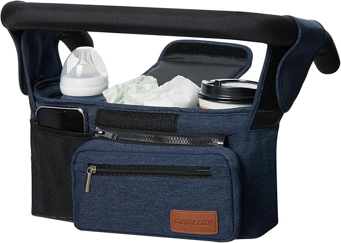 Momcozy Universal Baby Stroller Organizer, 2 Insulated Cup Holder, Detachable Zippered Pocket, Adjustable Shoulder Strap, Large capacity for baby essentials, Compact Design Fits Any Strollers