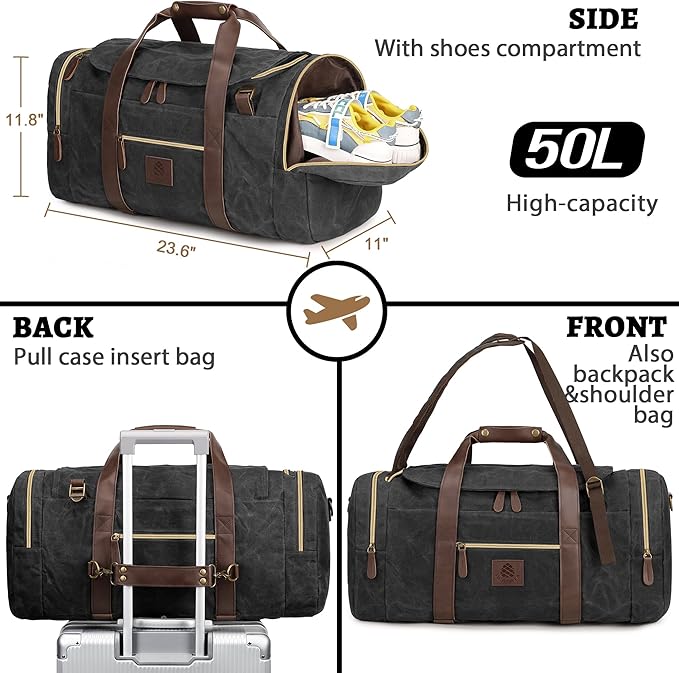50L Duffle Bag for Men, Nomad Waxed Canvas Travel Duffel Bag Vintage Genuine Leather Travel Handbag Upgraded Weekender Overnight Backpack with Shoes Compartment (Vintage Black, Large-50L)