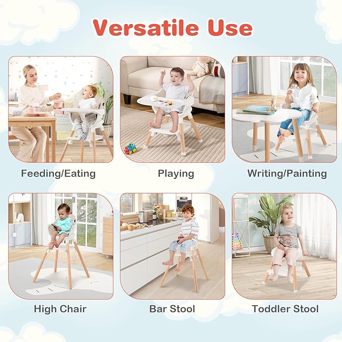 HONEY JOY Baby High Chair, 6 in 1 Convertible Wooden Highchair for Babies and Toddlers/Chair/Bar Stool, Removable Double Tray & Reversible Footrest, Safety Harness for Infant Boys Girls (Beige)