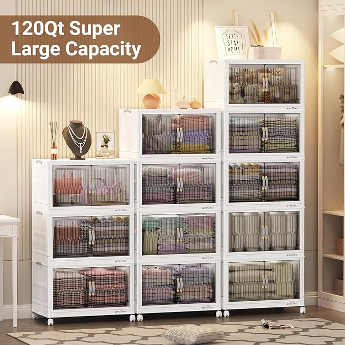 BROVIEW 480Qt Stackable Storage Bins with Lid, Extra Large Closet Organizer Collapsible Drawer Boxes with Wheels, Folding Plastic Cabinet Containers for Home Kitchen Room Organization, 4Pack White