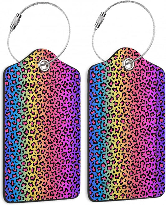 2 Pack Leather Luggage Tag for Suitcase Neon Rainbow Colored Leopard Print Unique Travel Tags with Privacy Cover ID Label & Stainless Steel Loop for Men and Women Baggage
