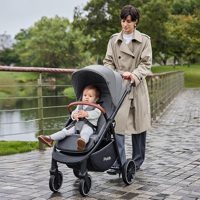 Tinyiota Baby Stroller, Infant Stroller with Large UPF 50+ Canopy,Luxury Pram Strollers with Leather Handle & Spacious Seat, One-Hand Foldable Pushchair, Toddler Carriage with Lie-Flat Mode(Gray)