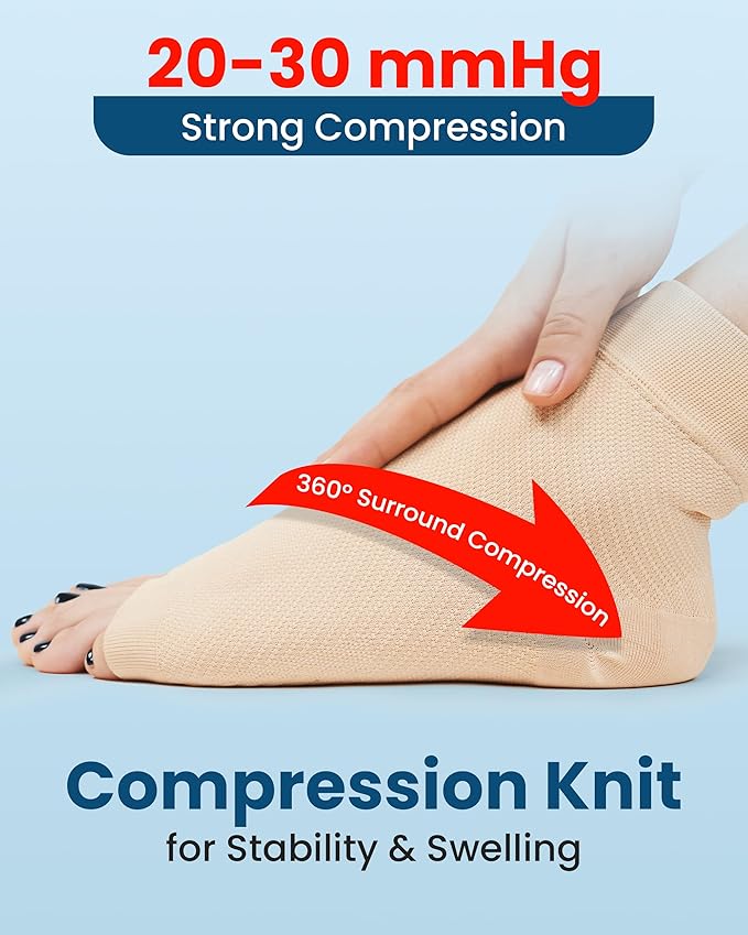 KEMFORD Ankle Compression Sleeve with Cooling Effect - Plantar Fasciitis Braces - Open Toe Compression Socks for Swelling, Sprain, Neuropathy, Arch Support for Men and Women - L, Beige