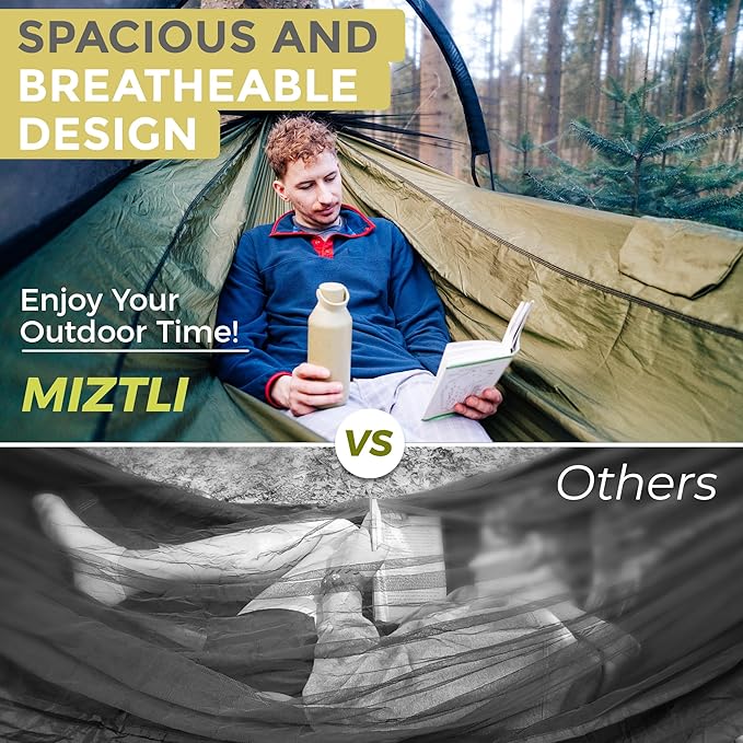 Miztli Camping Hammock -Portable Hammock w/Spacious Net & Tree Straps w/Adjustable Loops, Double and Single Hammock for Outdoor, Indoor, Hiking and Travel